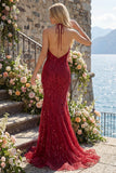 Robe de bal de bal à dos nu scintillante bourgogne dorsal nu, longue robe de bal perlée avec franges