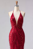 Robe de bal de bal à dos nu scintillante bourgogne dorsal nu, longue robe de bal perlée avec franges