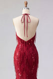 Robe de bal de bal à dos nu scintillante bourgogne dorsal nu, longue robe de bal perlée avec franges
