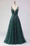 Robe de bal de bal en tulle vert foncé à col en V vert foncé scintillante A Line Long Paillettes