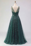 Robe de bal de bal en tulle vert foncé à col en V vert foncé scintillante A Line Long Paillettes
