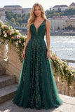 Robe de bal de bal en tulle vert foncé à col en V vert foncé scintillante A Line Long Paillettes