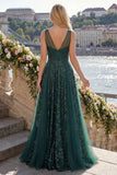 Robe de bal de bal en tulle vert foncé à col en V vert foncé scintillante A Line Long Paillettes