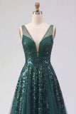 Robe de bal de bal en tulle vert foncé à col en V vert foncé scintillante A Line Long Paillettes