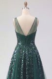 Robe de bal de bal en tulle vert foncé à col en V vert foncé scintillante A Line Long Paillettes