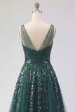 Robe de bal de bal en tulle vert foncé à col en V vert foncé scintillante A Line Long Paillettes