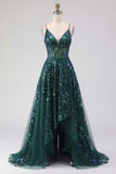 Robe de bal de bal corset vert foncé scintillante en tulle haut et bas à sequins