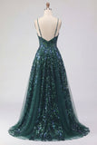 Robe de bal de bal corset vert foncé scintillante en tulle haut et bas à sequins