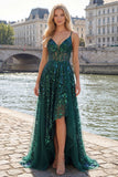 Robe de bal de bal corset vert foncé scintillante en tulle haut et bas à sequins
