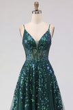 Robe de bal de bal corset vert foncé scintillante en tulle haut et bas à sequins