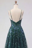 Robe de bal de bal corset vert foncé scintillante en tulle haut et bas à sequins