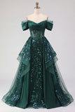 Robe longue de bal de bal à paillettes vert foncé étincelante en ligne en A décollée sur l’épaule, corset à fronçages