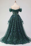 Robe longue de bal de bal à paillettes vert foncé étincelante en ligne en A décollée sur l’épaule, corset à fronçages
