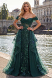 Robe longue de bal de bal à paillettes vert foncé étincelante en ligne en A décollée sur l’épaule, corset à fronçages