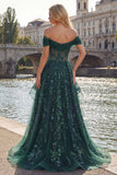 Robe longue de bal de bal à paillettes vert foncé étincelante en ligne en A décollée sur l’épaule, corset à fronçages