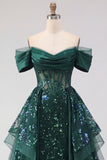 Robe longue de bal de bal à paillettes vert foncé étincelante en ligne en A décollée sur l’épaule, corset à fronçages