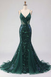 Robe longue de bal de promo en tulle à bretelles fines vert foncé scintillante vert foncé