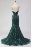Robe longue de bal de promo en tulle à bretelles fines vert foncé scintillante vert foncé