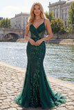 Robe longue de bal de promo en tulle à bretelles fines vert foncé scintillante vert foncé