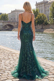 Robe longue de bal de promo en tulle à bretelles fines vert foncé scintillante vert foncé