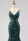Robe longue de bal de promo en tulle à bretelles fines vert foncé scintillante vert foncé