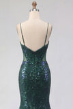Robe longue de bal de promo en tulle à bretelles fines vert foncé scintillante vert foncé