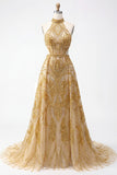 Robe de bal longue de bal longue en dos nus dorés pailletés en ligne A creuse avec perles