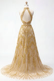 Robe de soirée longue dorée pailletée ligne A dos nu perlée