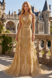 Robe de soirée longue dorée pailletée ligne A dos nu perlée