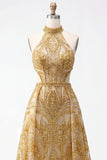 Robe de soirée longue dorée pailletée ligne A dos nu perlée