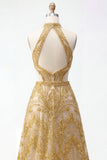 Robe de soirée longue dorée pailletée ligne A dos nu perlée