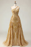 Robe de bal longue longue perlée d’une épaule en sirène dorée scintillante avec traîne de chapelle