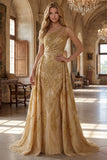 Robe de bal longue longue perlée d’une épaule en sirène dorée scintillante avec traîne de chapelle