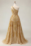 Robe de bal longue longue perlée d’une épaule en sirène dorée scintillante avec traîne de chapelle