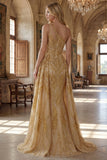 Robe de bal longue longue perlée d’une épaule en sirène dorée scintillante avec traîne de chapelle