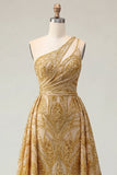 Robe de bal longue longue perlée d’une épaule en sirène dorée scintillante avec traîne de chapelle
