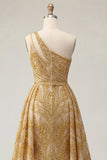 Robe de bal longue longue perlée d’une épaule en sirène dorée scintillante avec traîne de chapelle