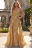 Robe de bal de bal sirène dorée sans bretelles scintillante avec drapé latéral
