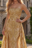 Robe de bal de bal sirène dorée sans bretelles scintillante avec drapé latéral