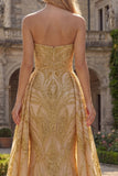 Robe de bal de bal sirène dorée sans bretelles scintillante avec drapé latéral