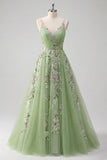 Robe de bal en tulle à bretelles fines vertes à bretelles fines florales A Line