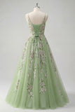 Robe de bal en tulle à bretelles fines vertes à bretelles fines florales A Line