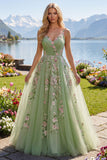 Robe de bal en tulle à bretelles fines vertes à bretelles fines florales A Line
