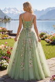 Robe de bal en tulle à bretelles fines vertes à bretelles fines florales A Line