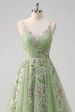 Robe de bal en tulle à bretelles fines vertes à bretelles fines florales A Line
