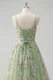 Robe de bal en tulle à bretelles fines vertes à bretelles fines florales A Line