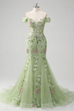 Robe de bal en tulle brodée en sirène verte à épaules dénudées
