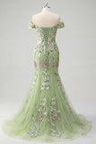 Robe de bal en tulle brodée en sirène verte à épaules dénudées