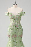 Robe de bal en tulle brodée en sirène verte à épaules dénudées