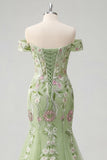 Robe de bal en tulle brodée en sirène verte à épaules dénudées